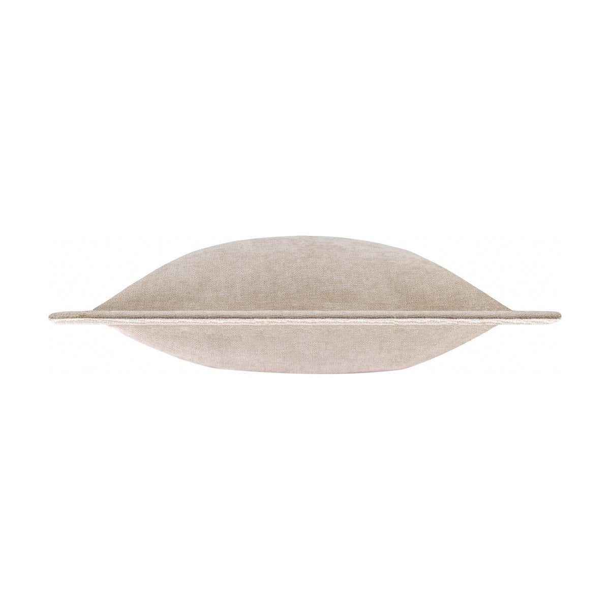 Side view of the Dune Velvet Chenille Cushion in natural, showing its plump velvet chenille body and flat oxford border edge, on a plain white background.