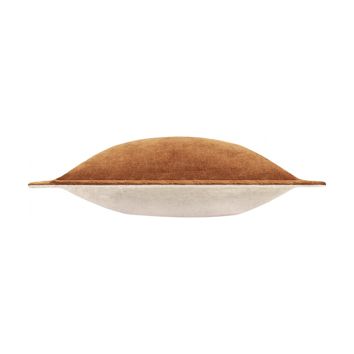 Side profile of the Dune Velvet Chenille Cushion in Pecan, showing its plump velvet chenille top in warm rust-brown and flat oxford border, with a neutral cream underside, on a white background.