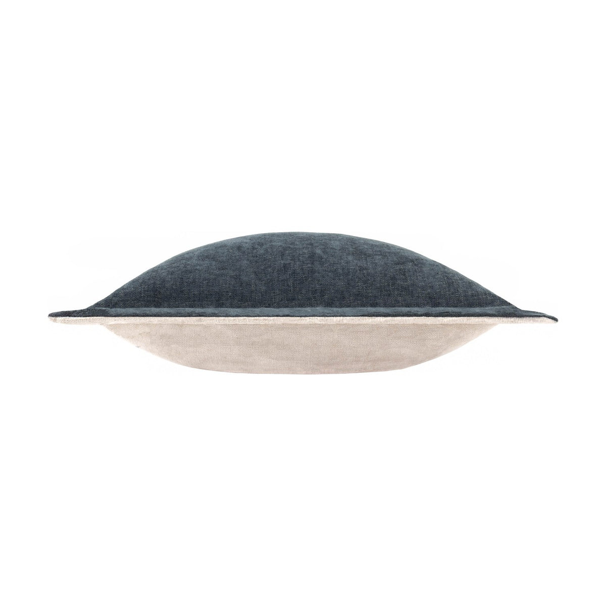 Side view of the Dune Velvet Chenille Cushion in Slate, showing a slate-blue chenille top and beige underside on a plain white background.