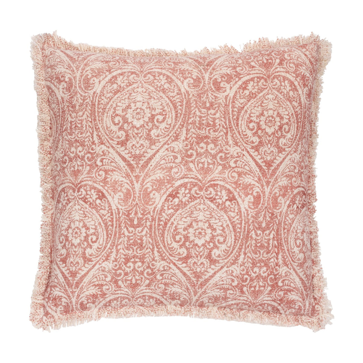 Durelle Damask Cotton Cushion in coral, square with fringed edges, featuring a scrolling floral damask pattern in coral-pink on cream slub cotton, shown on a white background.
