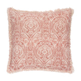 Durelle Damask Cotton Cushion in coral, square with fringed edges, featuring a scrolling floral damask pattern in coral-pink on cream slub cotton, shown on a white background.