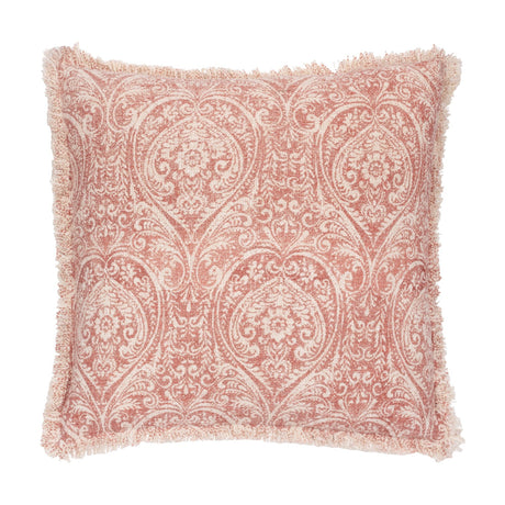 Durelle Damask Cotton Cushion in coral, square with fringed edges, featuring a scrolling floral damask pattern in coral-pink on cream slub cotton, shown on a white background.