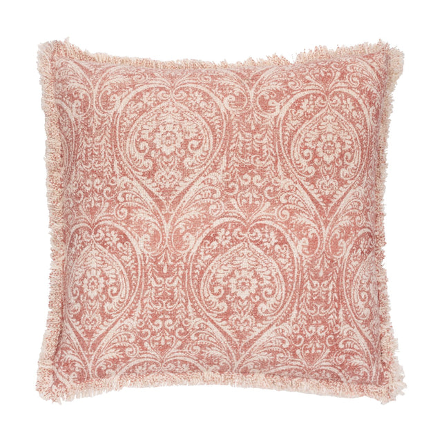 Durelle Damask Cotton Cushion in coral, square with fringed edges, featuring a scrolling floral damask pattern in coral-pink on cream slub cotton, shown on a white background.