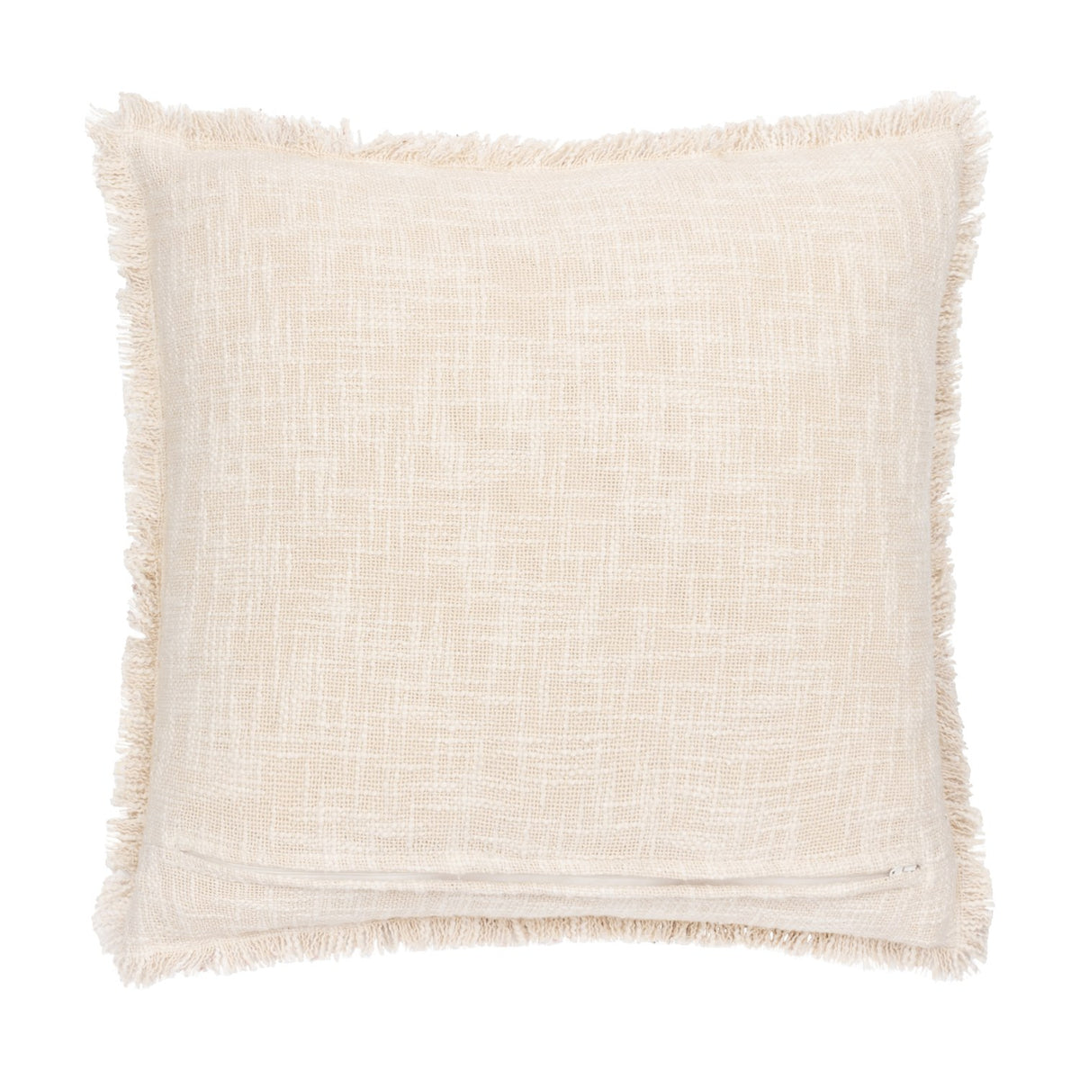 Durelle Damask Cotton Cushion in coral, square slub cotton cover with fringed edges in cream, shown on a plain white background.