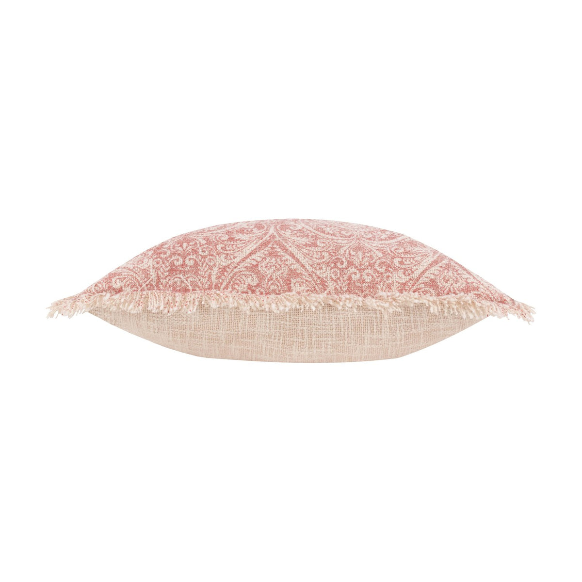 Durelle Damask Cotton Cushion in coral, side view showing the fringed edge, coral-pink damask pattern on cream cotton, and plain beige reverse, set against a white background.