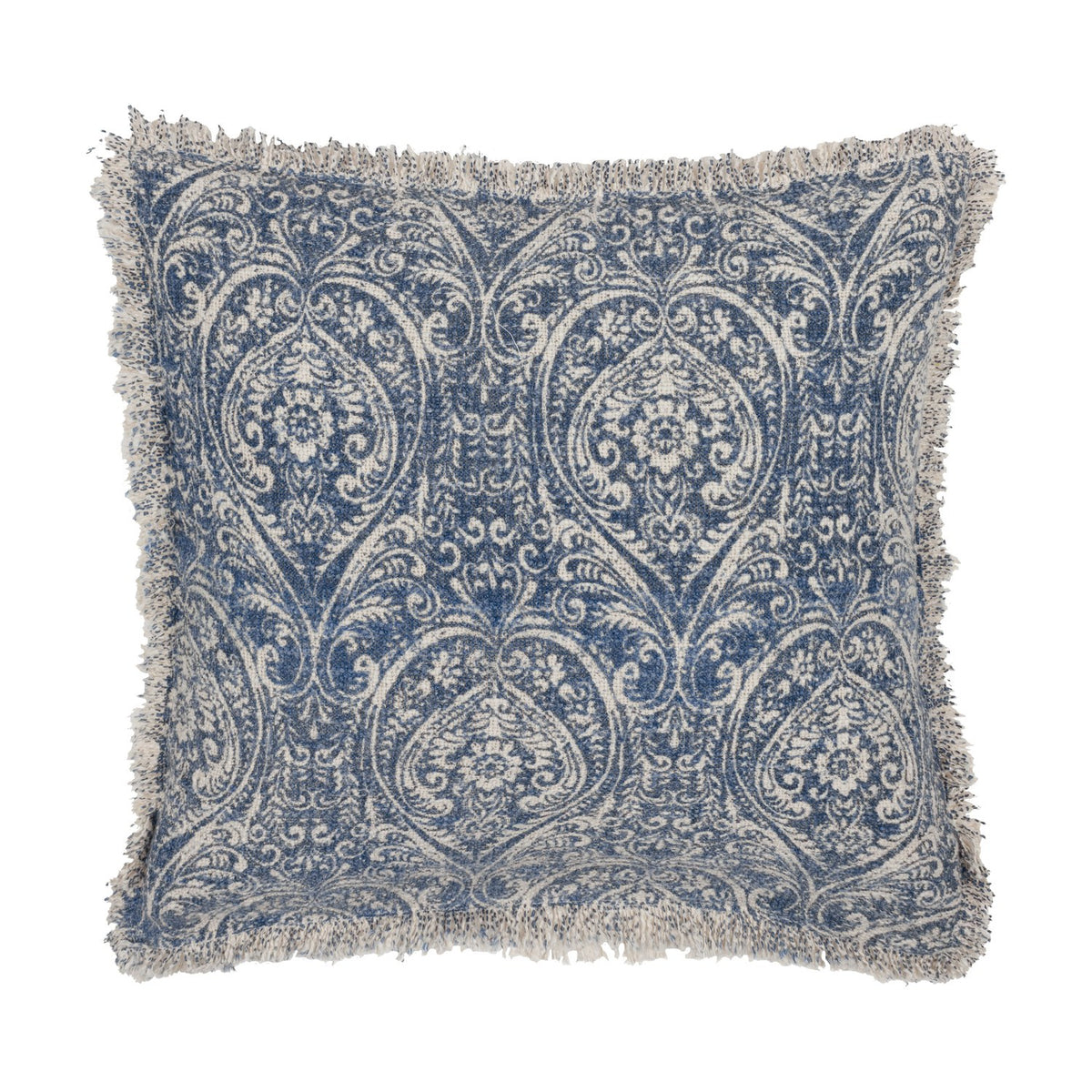 Square cotton cushion in Delph Blue featuring a scrolling medallion and floral damask print in deep blue on cream, finished with a raw fringed border, shown on a white background.