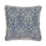 Square cotton cushion in Delph Blue featuring a scrolling medallion and floral damask print in deep blue on cream, finished with a raw fringed border, shown on a white background.