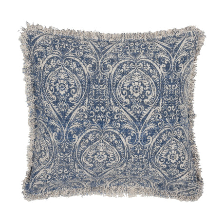 Square cotton cushion in Delph Blue featuring a scrolling medallion and floral damask print in deep blue on cream, finished with a raw fringed border, shown on a white background.
