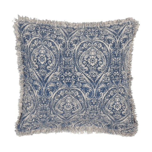 Square cotton cushion in Delph Blue featuring a scrolling medallion and floral damask print in deep blue on cream, finished with a raw fringed border, shown on a white background.