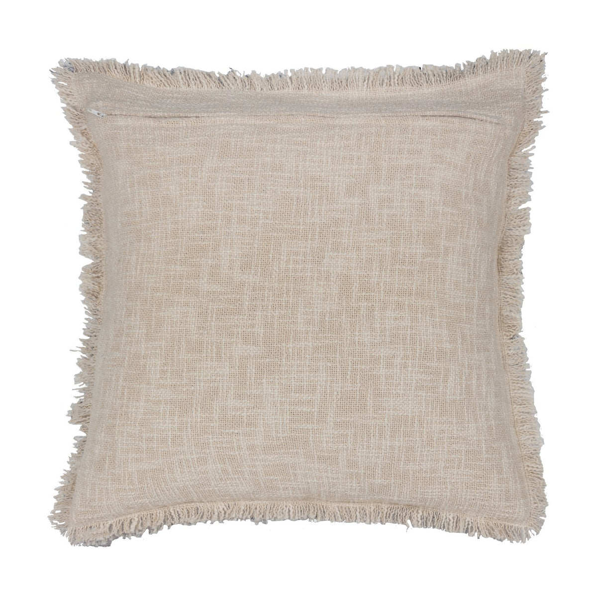 Durelle Damask Cotton Cushion in Delph Blue, square cream cotton cushion with raw fringed edging, plain back shown on a white background.