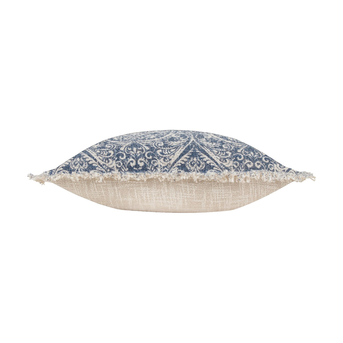 Side view of the Durelle Damask Cotton Cushion in Delph Blue, featuring a blue and cream medallion pattern on one side, plain cream on the reverse, and a raw fringed edge.