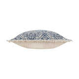 Side view of the Durelle Damask Cotton Cushion in Delph Blue, featuring a blue and cream medallion pattern on one side, plain cream on the reverse, and a raw fringed edge.