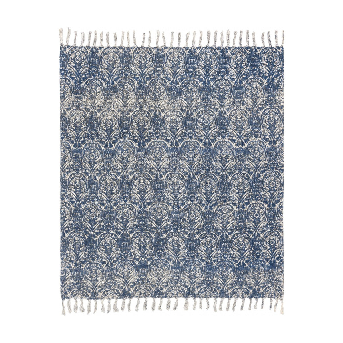 Durelle Damask Cotton Throw in Delph Blue, showing an ivory-cream scrolling damask pattern on a deep blue cotton ground with fringed edges, on a plain white background.