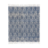 Durelle Damask Cotton Throw in Delph Blue, showing an ivory-cream scrolling damask pattern on a deep blue cotton ground with fringed edges, on a plain white background.