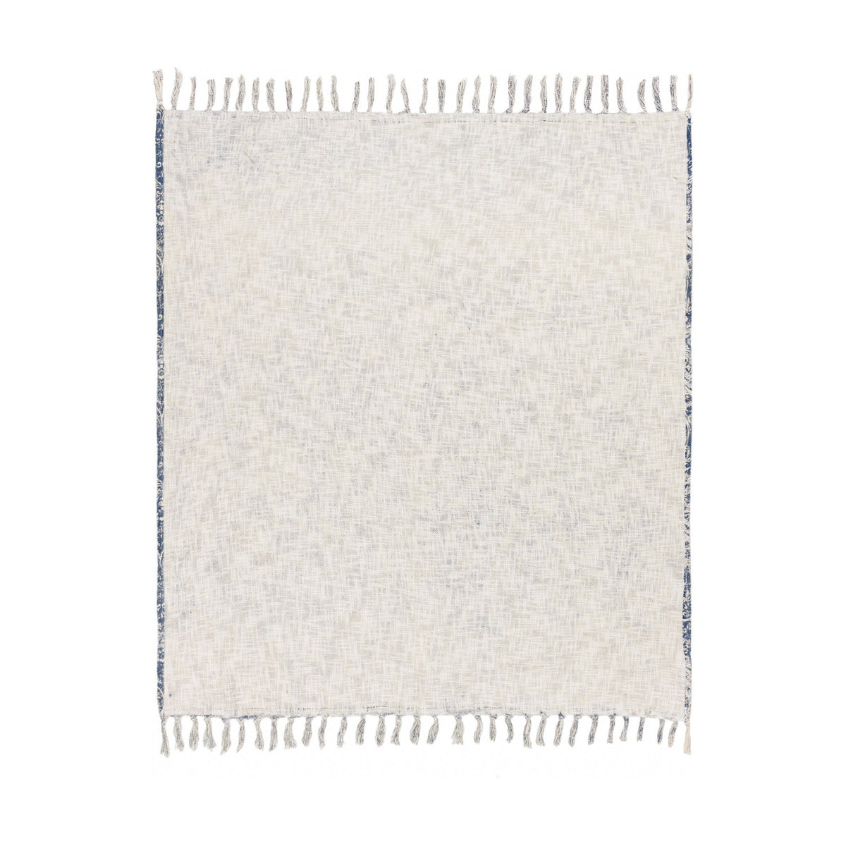 Durelle Damask Cotton Throw in Delph Blue, shown reverse side in cream with woven texture, blue edge trim, and fringed ends on a white background.