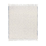 Durelle Damask Cotton Throw in Delph Blue, shown reverse side in cream with woven texture, blue edge trim, and fringed ends on a white background.