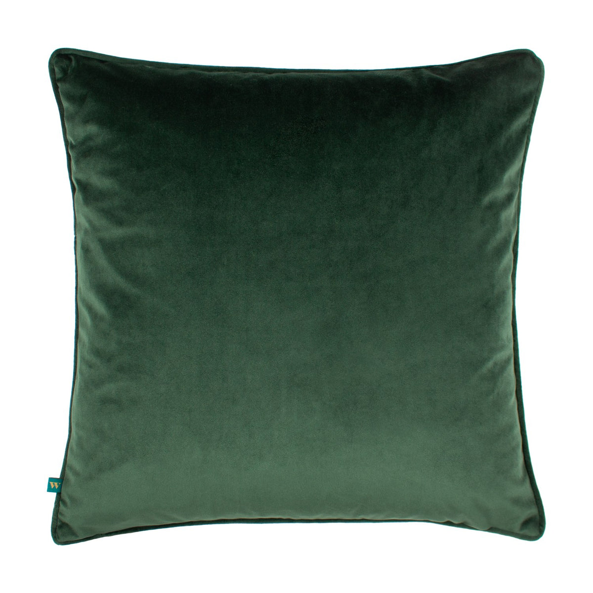 Square velvet cushion in deep green with a subtly ombré sheen and matching piped edging, shown plain-backed on a white background.