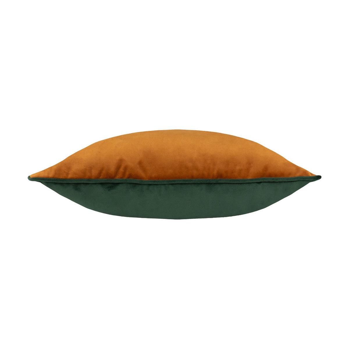 Side view of the Dusk Animal Velvet Cushion in Rust, showing rust-orange velvet on one side and a contrasting dark green velvet reverse, on a plain white background.