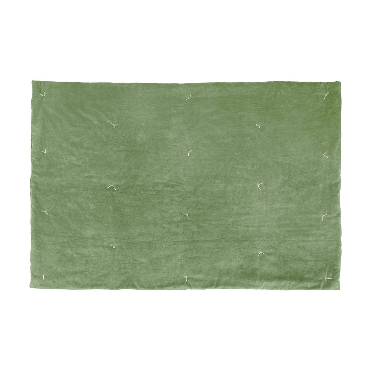 Edie Linen Cotton Bedspread in green, shown flat with a quilted cotton velvet face and small hand-tied thread details, set against a plain white background.