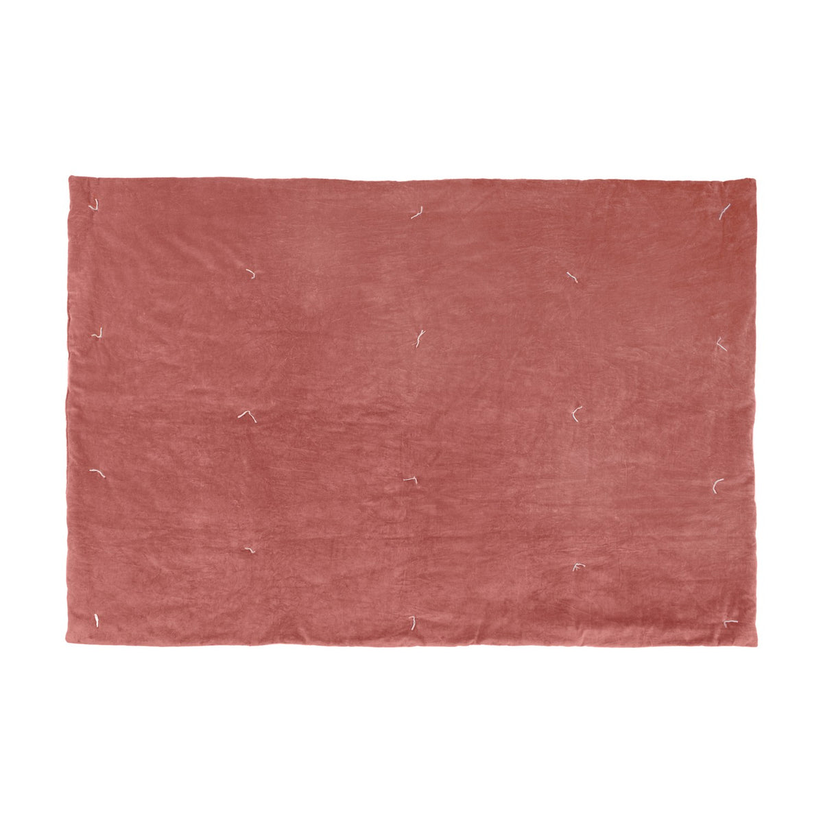 Edie Linen Cotton Bedspread in rose pink cotton velvet, quilted with visible tied stitch detailing across the surface, shown flat on a plain white background.
