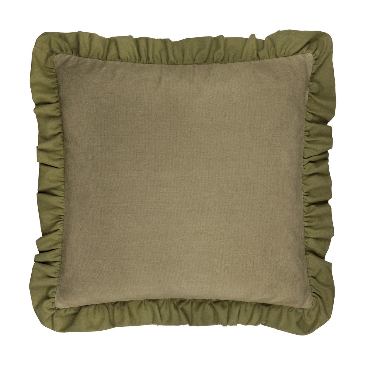 Effie Plain Cotton Cushion in sage green, square with a plain slub cotton face and gathered ruffle trim edging, shown on a white background.