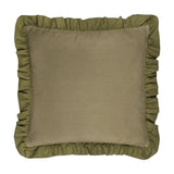 Effie Plain Cotton Cushion in sage green, square with a plain slub cotton face and gathered ruffle trim edging, shown on a white background.