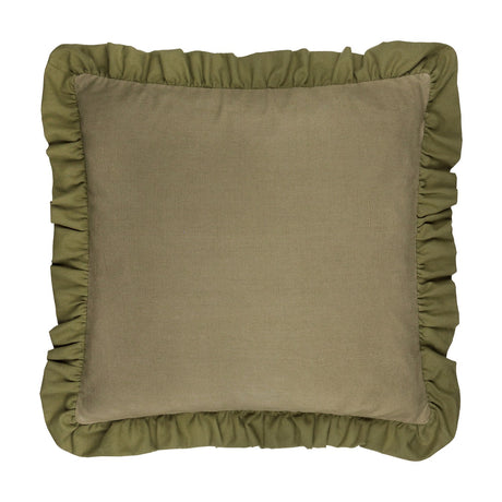 Effie Plain Cotton Cushion in sage green, square with a plain slub cotton face and gathered ruffle trim edging, shown on a white background.