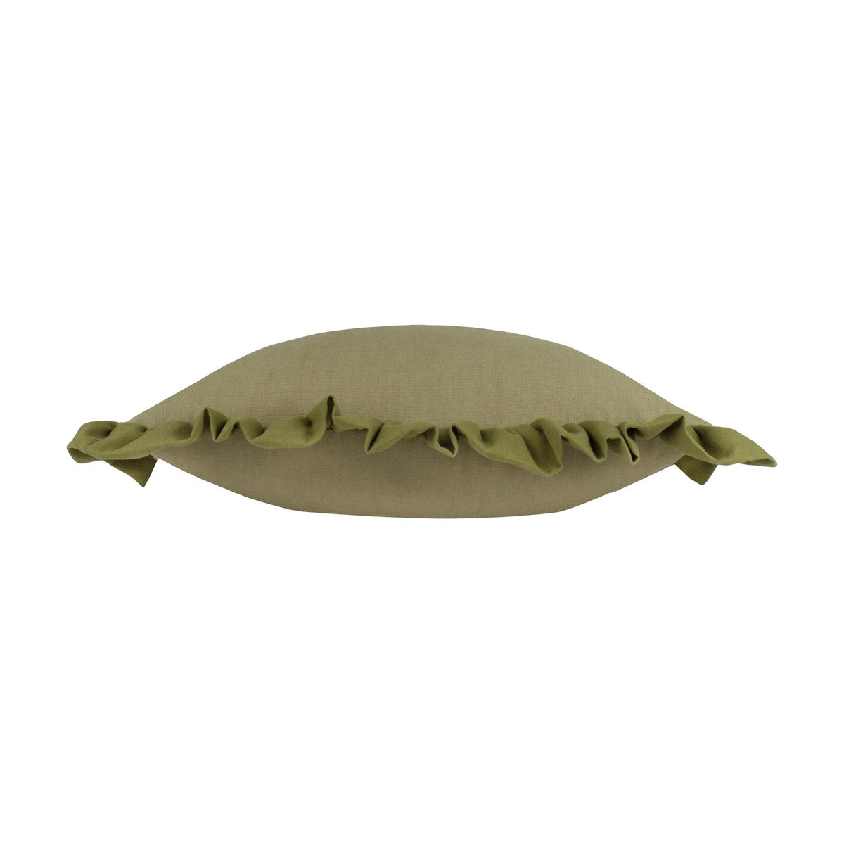 Effie Plain Cotton Cushion in sage green, shown side-on with a gathered ruffle trim edging the plain slub cotton fabric, on a plain white background.
