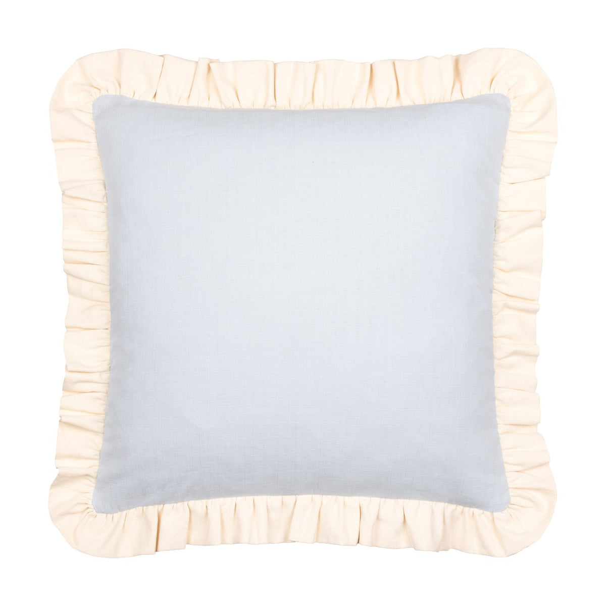 Effie Plain Cotton Cushion in sky blue with a gathered vintage cream ruffle trim around the square cotton cover, shown on a plain white background.