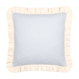 Effie Plain Cotton Cushion in sky blue with a gathered vintage cream ruffle trim around the square cotton cover, shown on a plain white background.