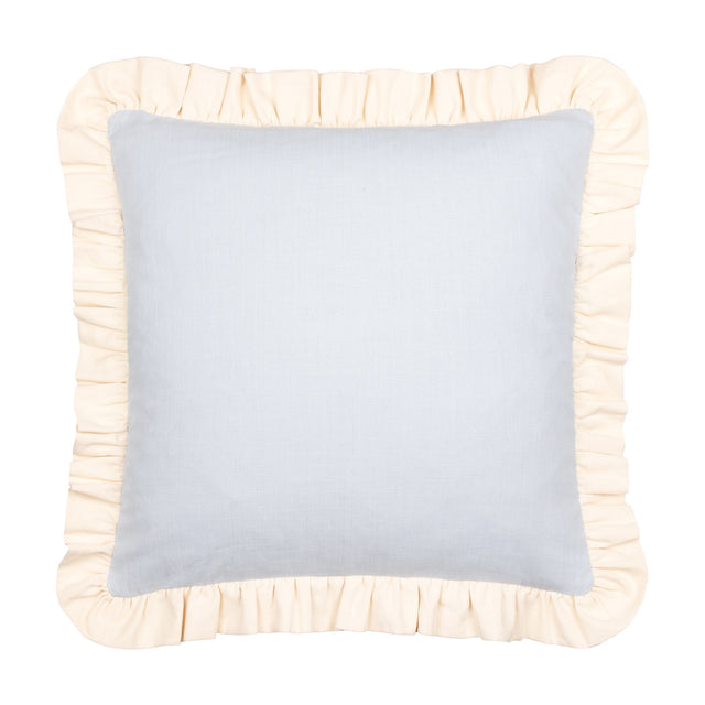 Effie Plain Cotton Cushion in sky blue with a gathered vintage cream ruffle trim around the square cotton cover, shown on a plain white background.
