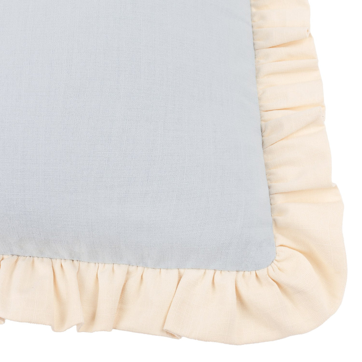 Close-up of the Effie Plain Cotton Cushion in sky blue slub cotton with a gathered vintage cream ruffle trim along the edges, shown on a plain white background.