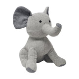 Elephant Animal Wool Door Stop in Grey, a sitting elephant with herringbone-patterned fabric, raised trunk, large grey ears, and stitched eyes, shown on a plain white background.