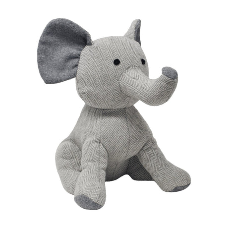 Elephant Animal Wool Door Stop in Grey, a sitting elephant with herringbone-patterned fabric, raised trunk, large grey ears, and stitched eyes, shown on a plain white background.