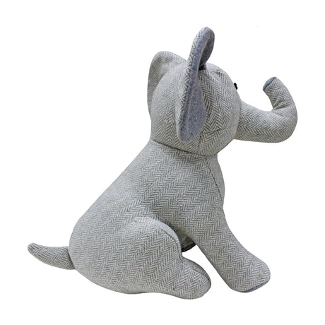 Elephant Animal Wool Door Stop in Grey, a sitting elephant figure with raised trunk and large ears, finished in herringbone-patterned fabric, shown against a plain white background.
