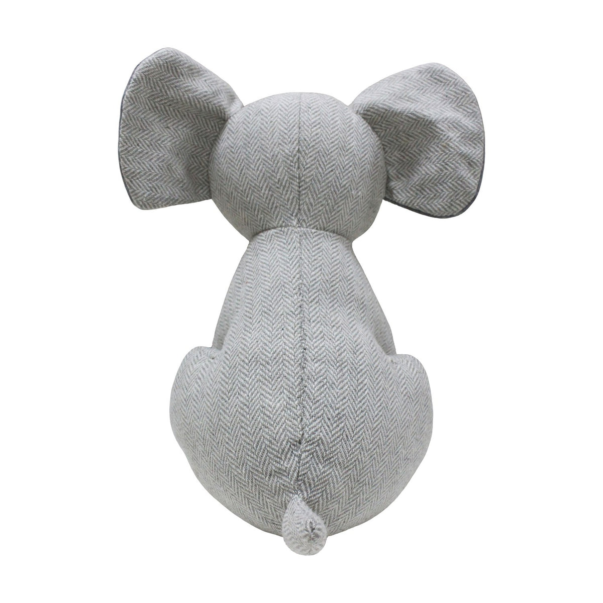 Elephant Animal Wool Door Stop in Grey, rear view showing herringbone-patterned fabric, raised ear shapes, rounded body and small tail, on a plain white background.
