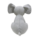 Elephant Animal Wool Door Stop in Grey, rear view showing herringbone-patterned fabric, raised ear shapes, rounded body and small tail, on a plain white background.