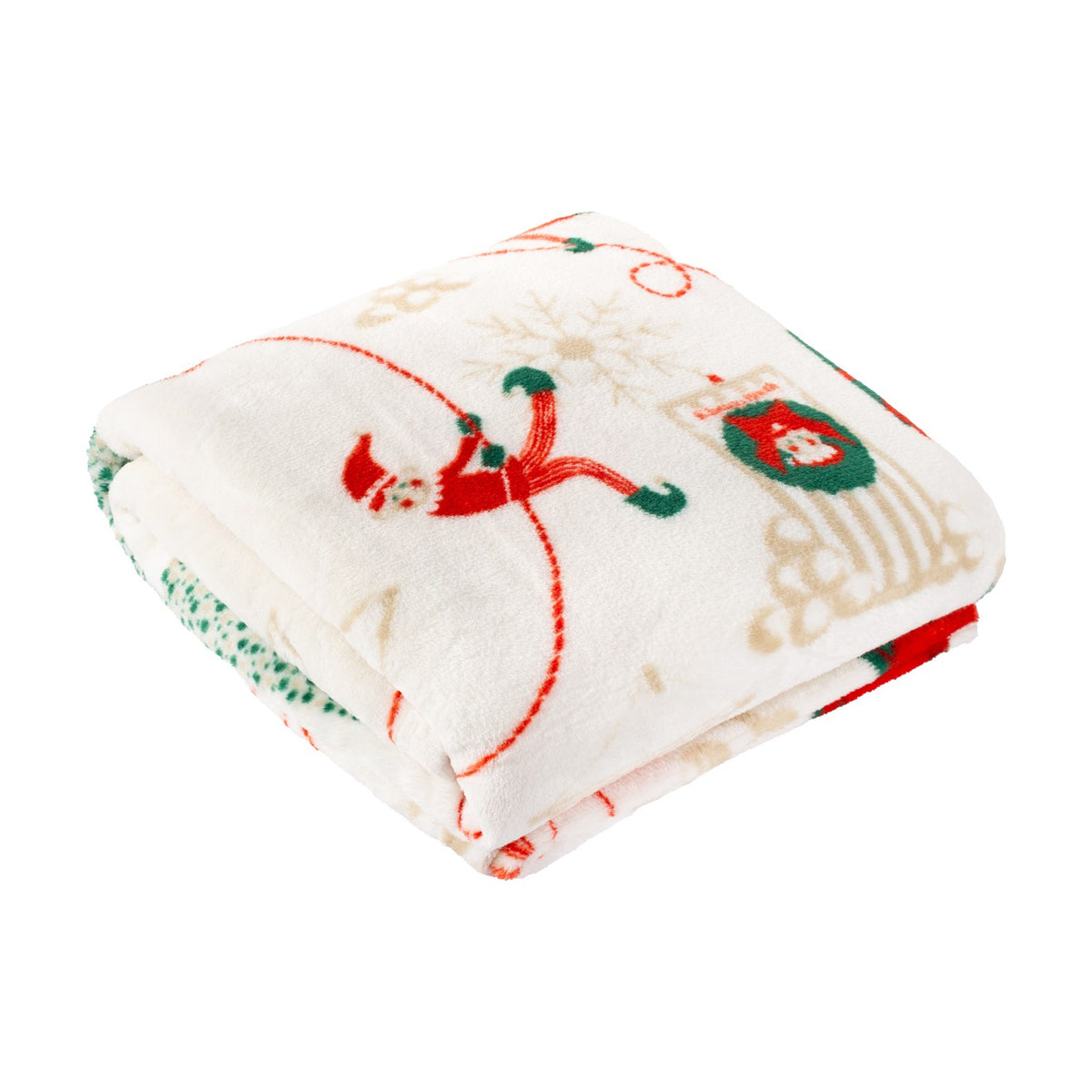 Elfie Printed Polyester Throw in cream, folded to show a festive elf print with red and green details on a plain white background.