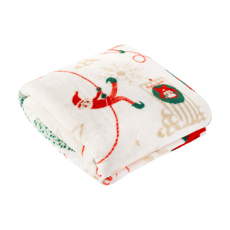 Elfie Printed Polyester Throw in cream, folded to show a festive elf print with red and green details on a plain white background.