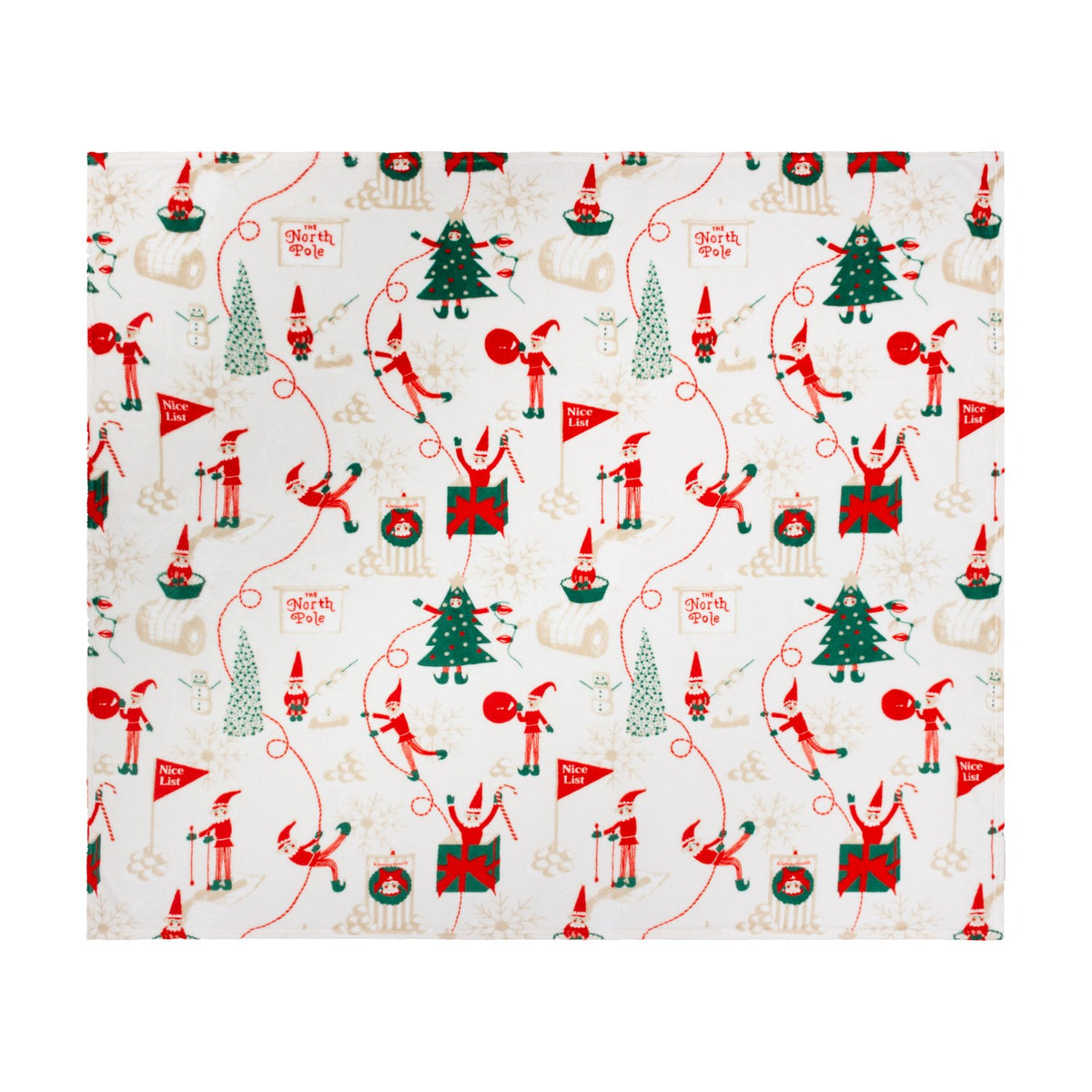 Elfie Printed Polyester Throw in cream, featuring a festive pattern of elves skiing, decorating trees, Nice List flags and North Pole signs in red and green.