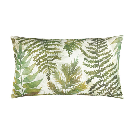 Rectangular lumbar cushion in the Elowen Linen Cotton design, featuring a hand-painted watercolour fern and leaf print in shades of green and cream on a pale ground, shown on a plain white background.
