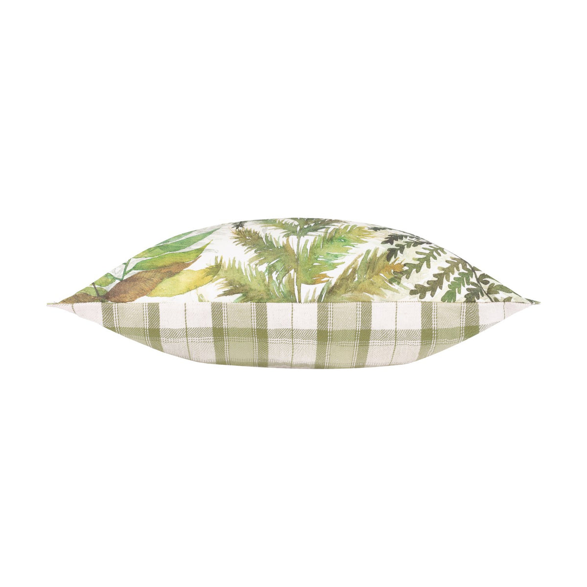 Elowen Linen Cotton Cushion in Moss, side view showing reversible design with watercolour fern print on one side and moss-green check on the other, plain white background.
