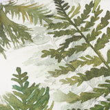 Close-up of the Elowen Linen Cotton Cushion in Moss, showing a hand-painted watercolour fern and foliage design in moss green and earthy tones on a cream linen-cotton ground.