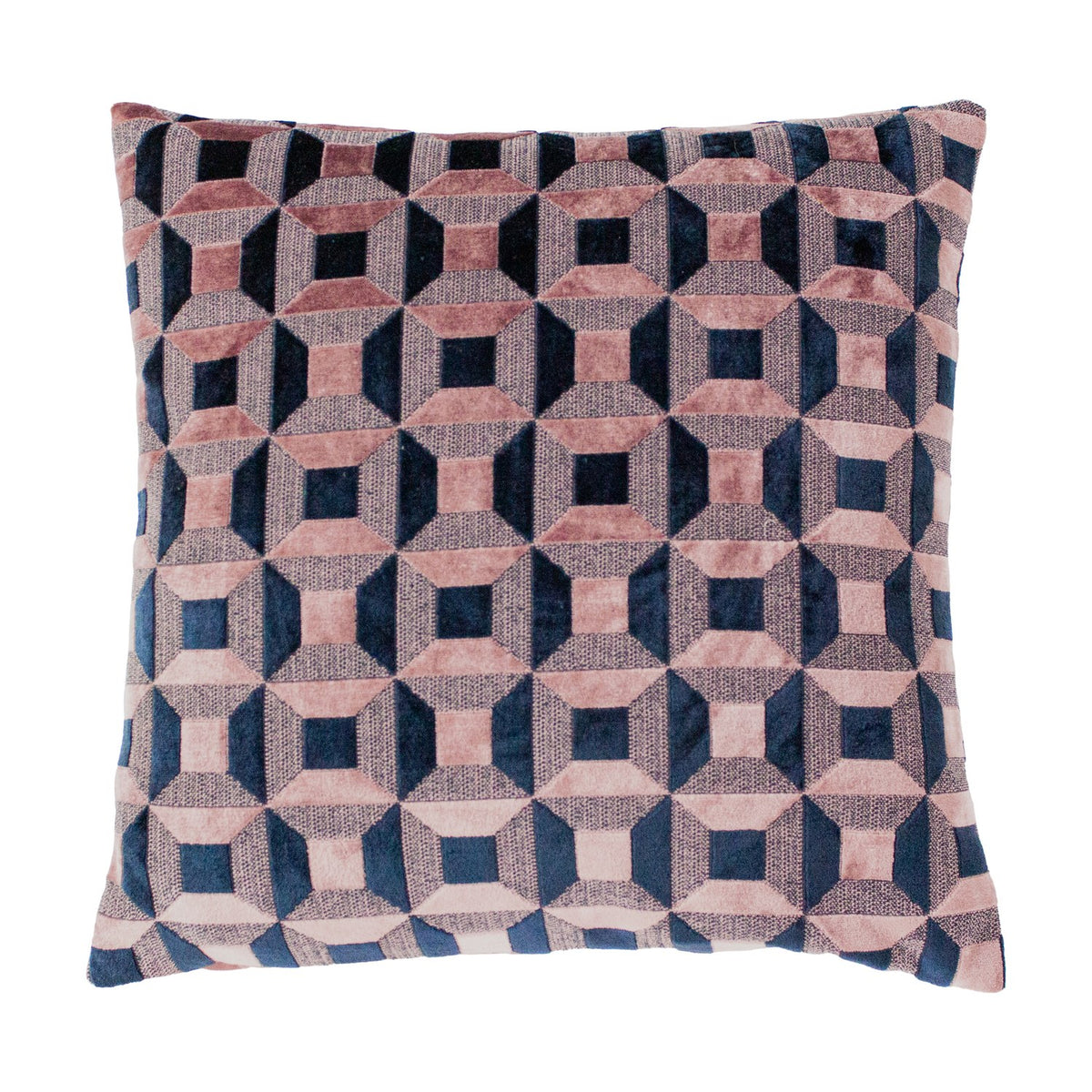 Empire Jacquard Velvet Cushion, square 45x45cm, blush pink and navy geometric octagon pattern in velvet against a woven ground, shown on a plain white background.
