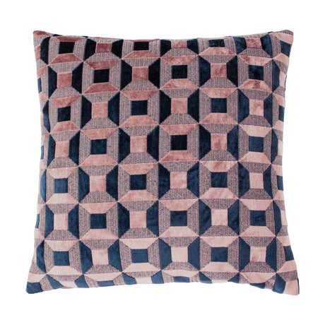 Empire Jacquard Velvet Cushion, square 45x45cm, blush pink and navy geometric octagon pattern in velvet against a woven ground, shown on a plain white background.