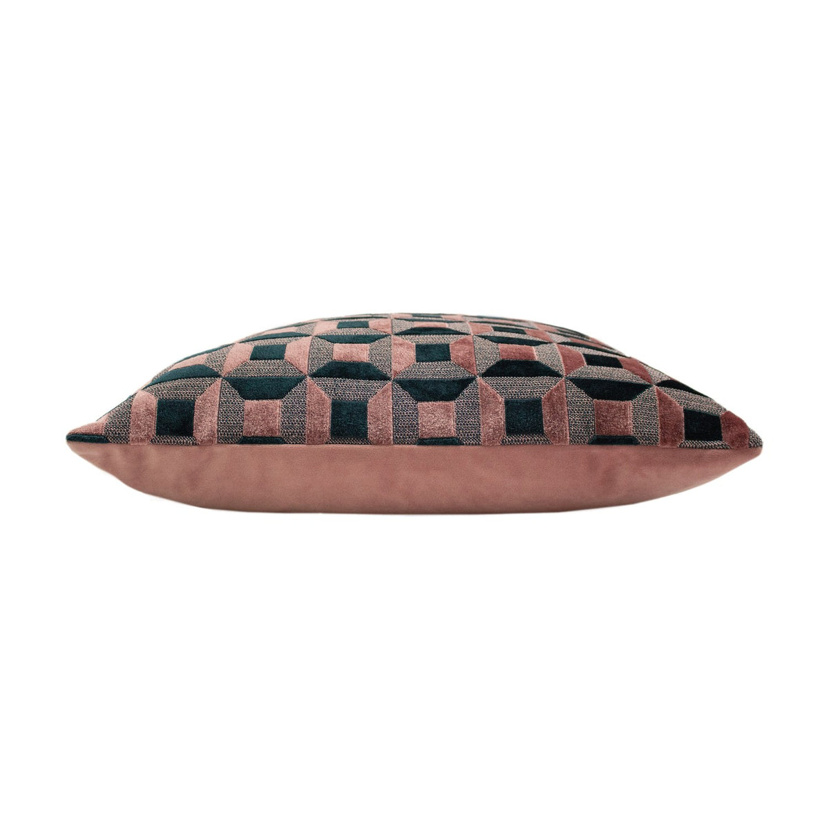 Side view of the Empire Jacquard Velvet Cushion in blush and navy, showing a geometric octagon and square pattern on the front and a plain blush velvet back, set against a white background.