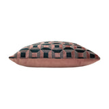 Side view of the Empire Jacquard Velvet Cushion in blush and navy, showing a geometric octagon and square pattern on the front and a plain blush velvet back, set against a white background.