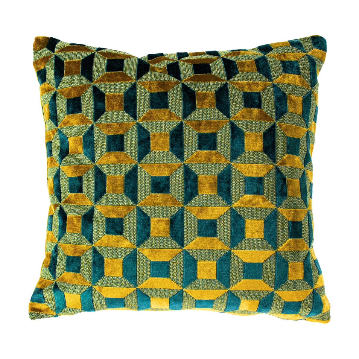 Empire Jacquard Velvet Cushion in teal and gold, square with a geometric jacquard pattern of interlocking facets, shown against a plain white background.