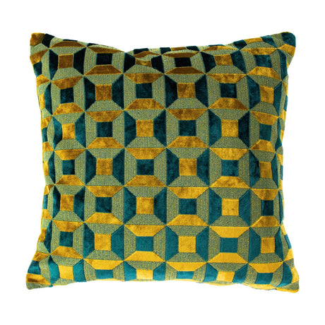 Empire Jacquard Velvet Cushion in teal and gold, square with a geometric jacquard pattern of interlocking facets, shown against a plain white background.