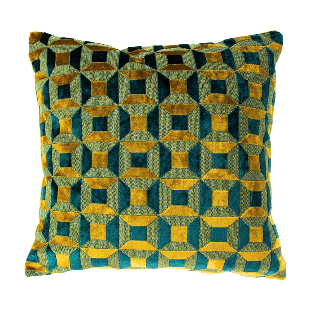 Empire Jacquard Velvet Cushion in teal and gold, square with a geometric jacquard pattern of interlocking facets, shown against a plain white background.